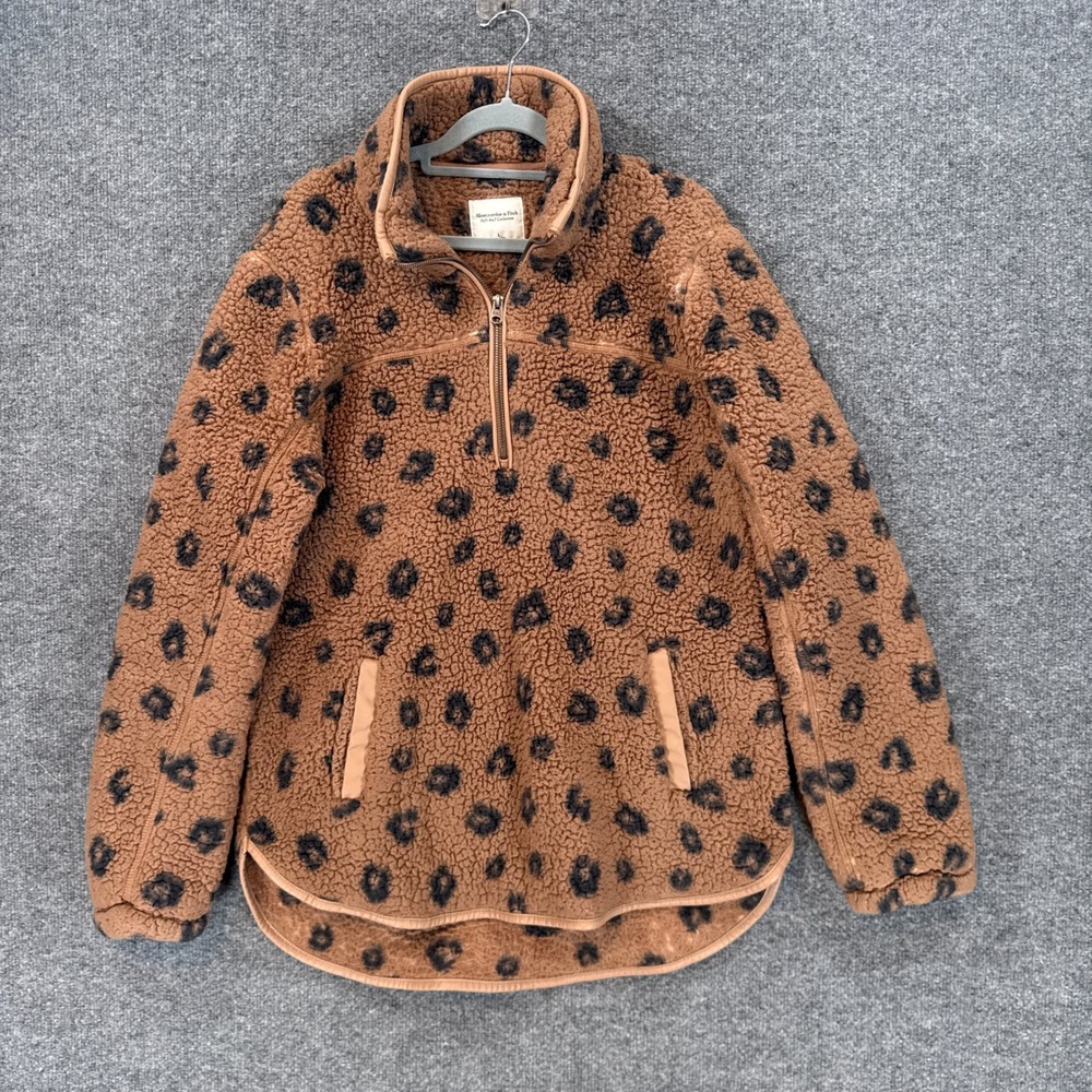 Abercrombie & Fitch Fleece Pullover Women Large Brown Leopard Sherpa Sweatshirt